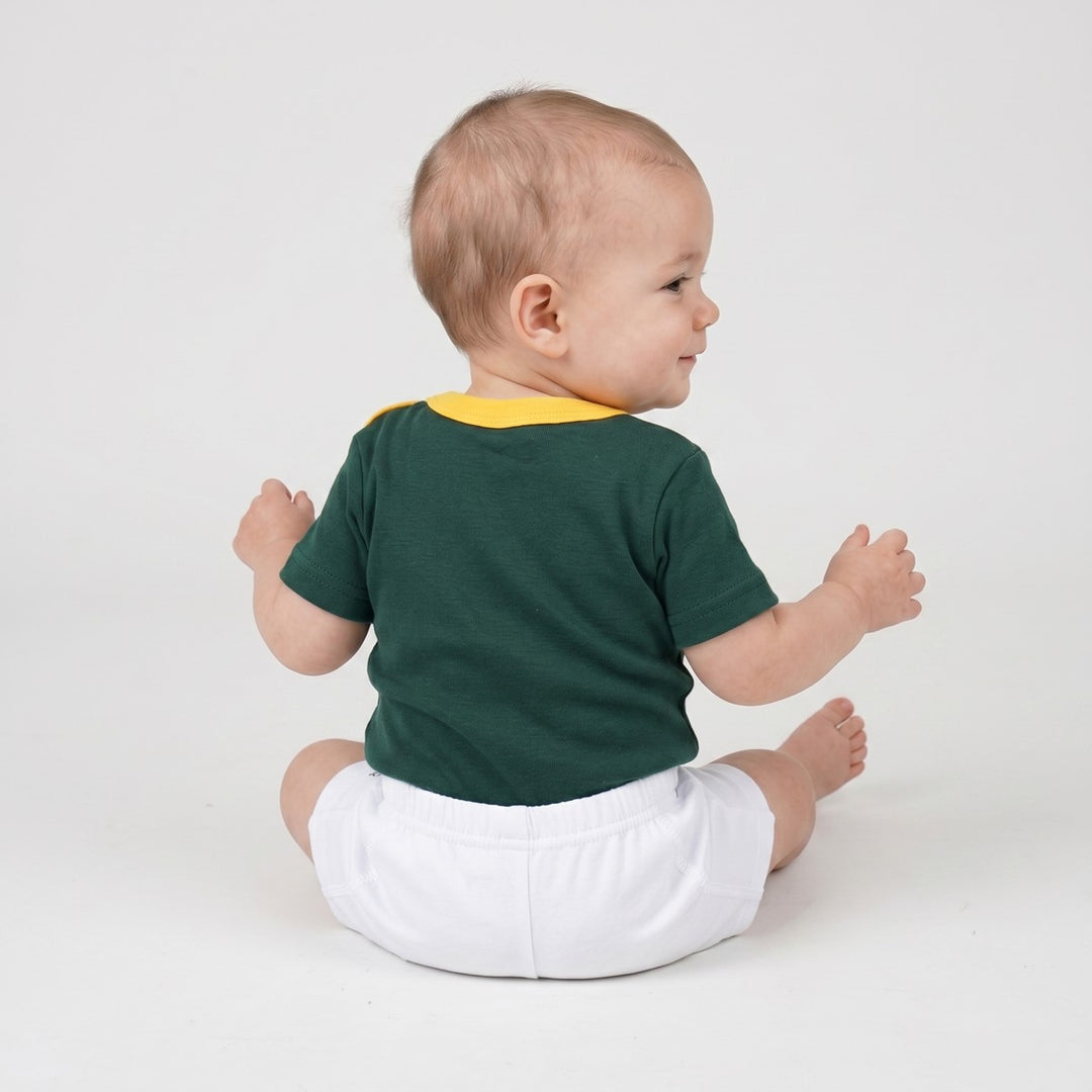 Thumbprint 2 Piece Set featuring a dark green infant t-shirt with a yellow collar and plain white shorts, shown from the