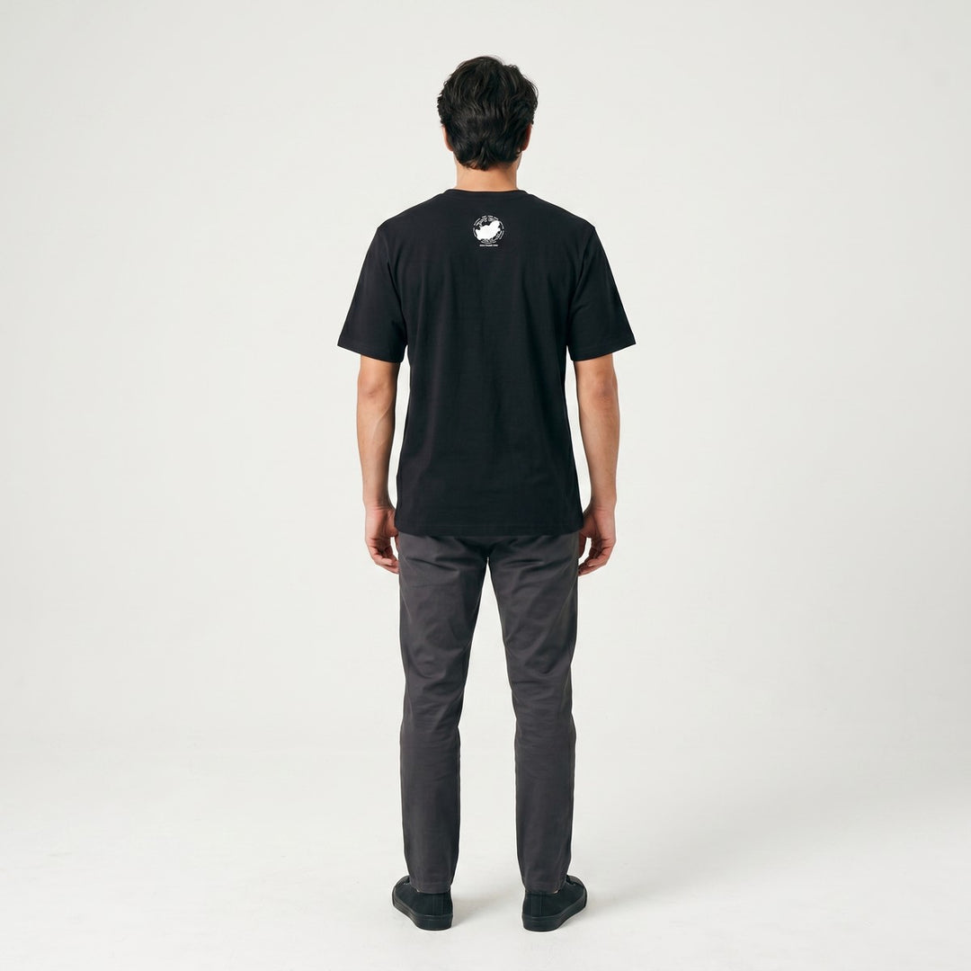Black Thumbprint T-Shirt back view, featuring a small white circular logo on the upper back. Made from soft, comfortable