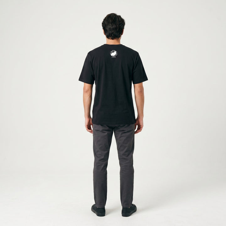 Black Thumbprint T-Shirt back view, featuring a small white circular logo on the upper back. Made from soft, comfortable