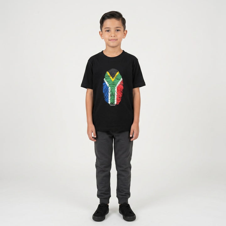 Black Thumbprint T-Shirt featuring a vibrant South African flag fingerprint design on the front.