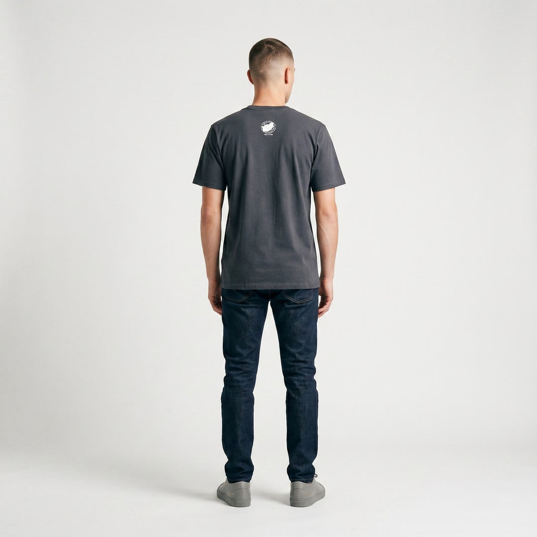Charcoal gray Thumbprint T-Shirt with short sleeves and a crew neck, shown from the back view.