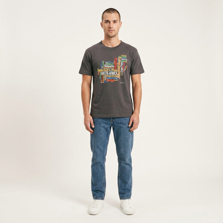 Charcoal grey short-sleeve Towns T-shirt for men, featuring a vibrant, multi-colored word-cloud graphic of South African