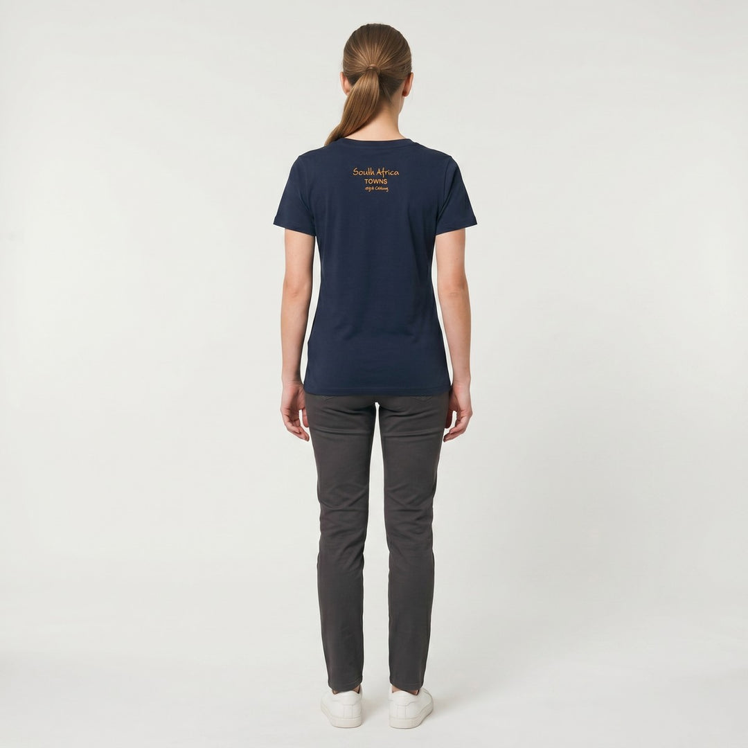 Back view of a navy blue Towns T-Shirt featuring orange &