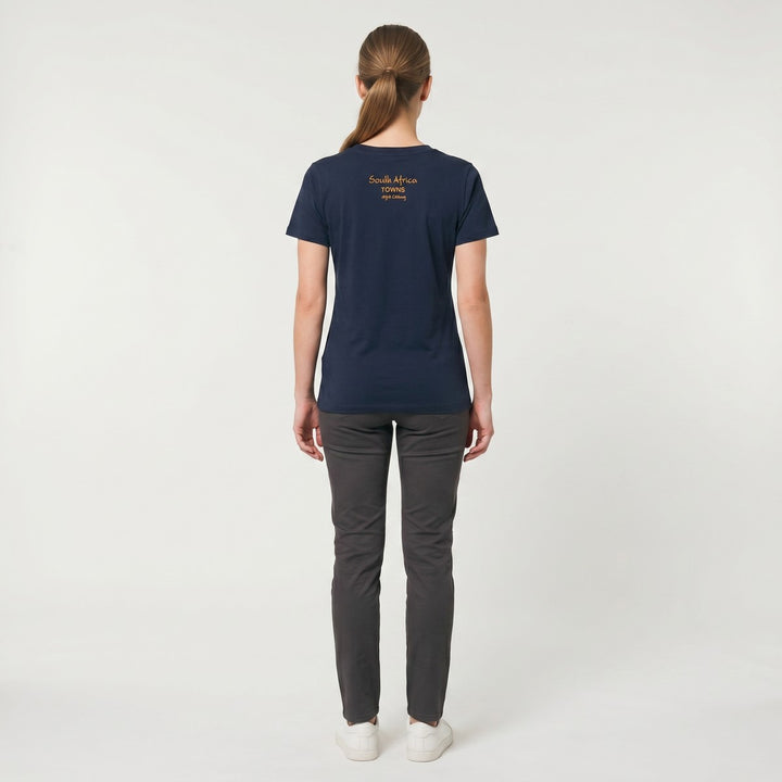 Back view of a navy blue Towns T-Shirt featuring orange &
