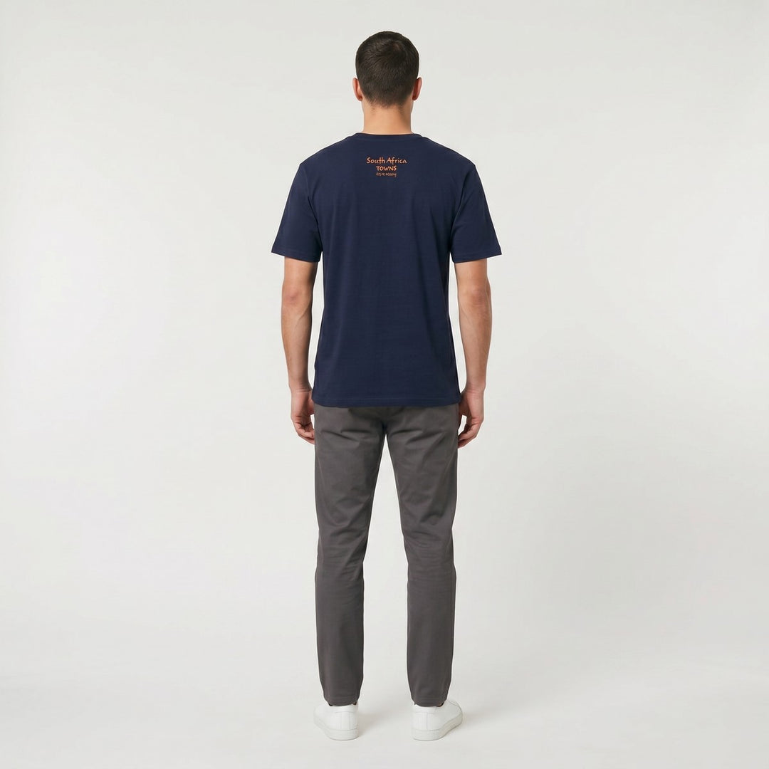 Navy blue Towns T-shirt, shown from the back, featuring an orange &