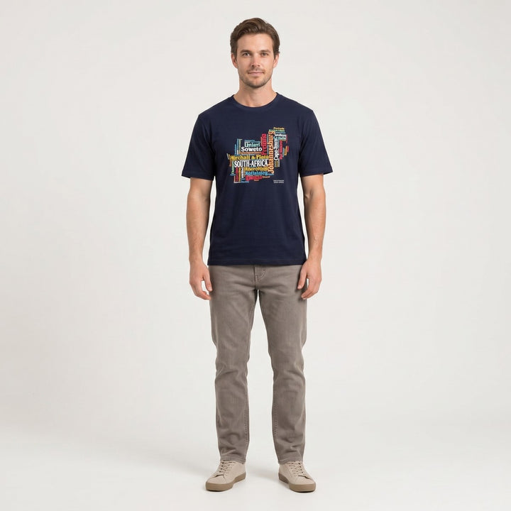 Navy Towns T-Shirt featuring a colorful word-art map of South African towns on the front, displayed flat.