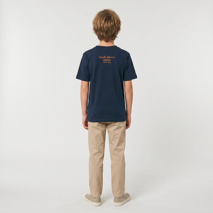 Back view of a dark navy blue ribbed knit Towns T-shirt with orange &