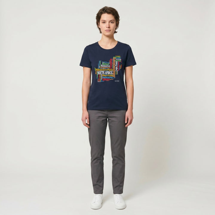 Navy blue Towns T-Shirt featuring a colorful map of South Africa with city names printed on the front, a classic