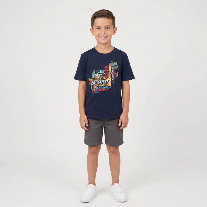 Navy blue short sleeve Towns T-Shirt for children, featuring a vibrant graphic print of South Africa&