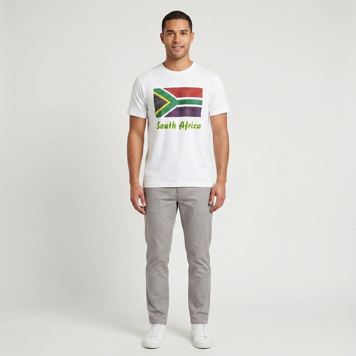 White short-sleeve Bead T-Shirt for men, featuring a colorful South African flag design and &