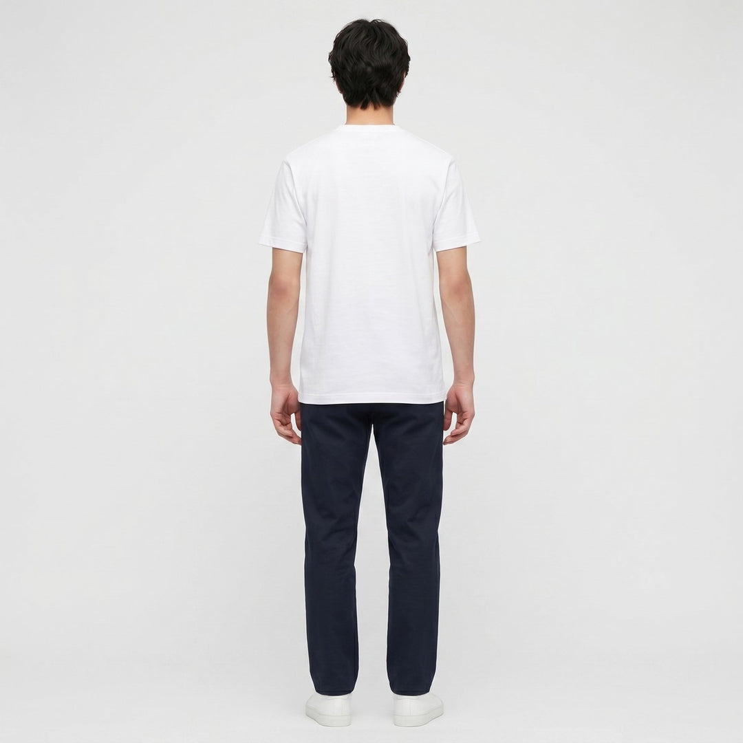 White short-sleeve crew neck bead t-shirt for women, made from soft cotton fabric, shown from the back perspective.