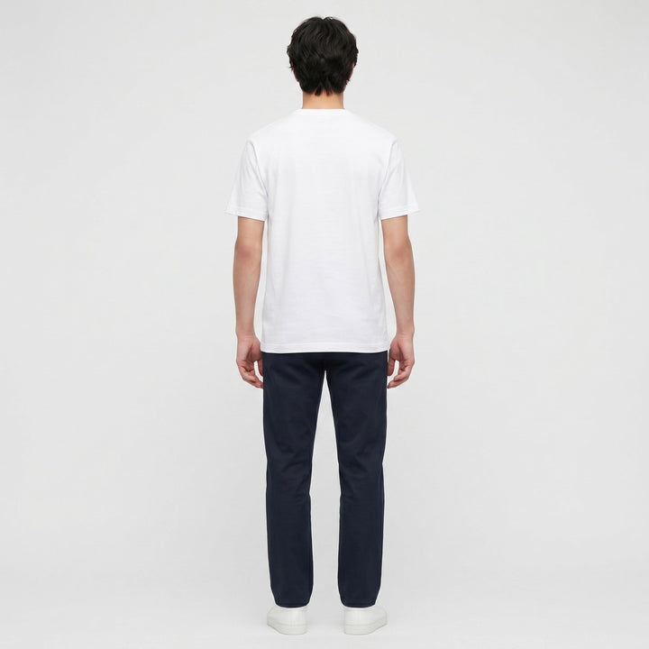 White short-sleeve crew neck bead t-shirt for women, made from soft cotton fabric, shown from the back perspective.