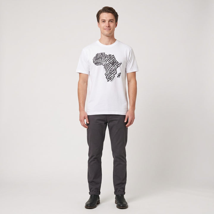 White zebra print Africa map t-shirt, front view, made from comfortable cotton fabric.