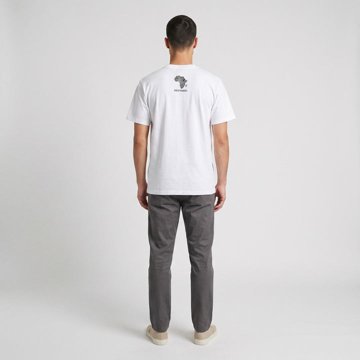 White short-sleeve t-shirt featuring a black zebra-patterned map of Africa logo on the upper back, displayed flat.