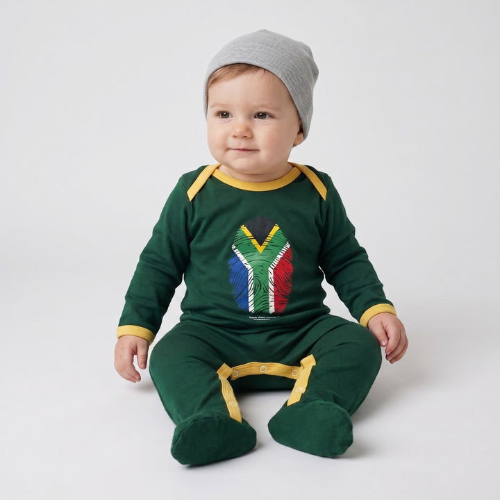 Dark green long-sleeved infant Winter Grower A-Line with yellow trim and a South African flag fingerprint graphic on the