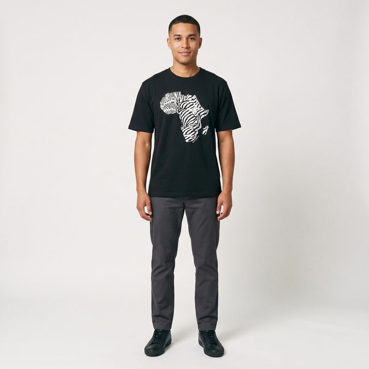 Black short-sleeve crew neck t-shirt featuring a distinctive white zebra-print map of Africa on the front.