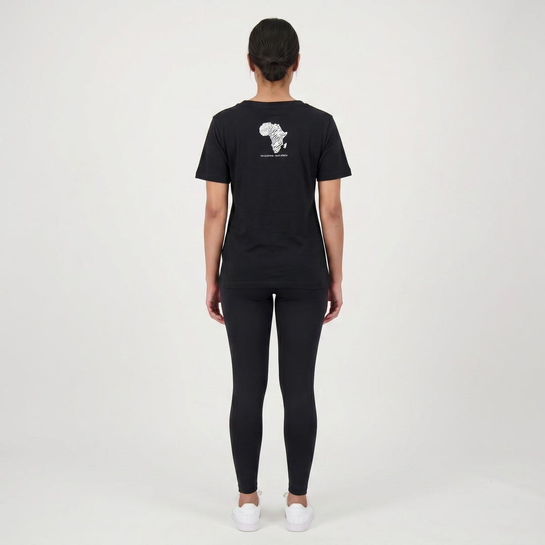 Black Zebra T-Shirt for men, featuring a unique white zebra-striped map of Africa print on the back, made from soft cotton.